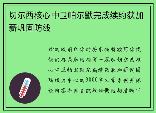 切尔西核心中卫帕尔默完成续约获加薪巩固防线
