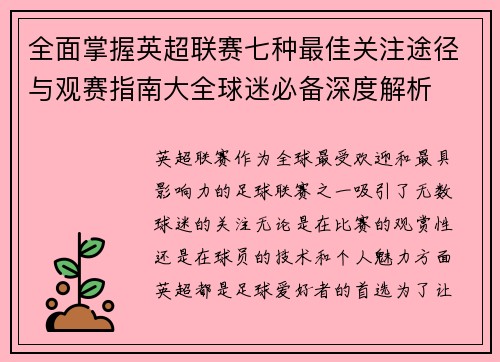 全面掌握英超联赛七种最佳关注途径与观赛指南大全球迷必备深度解析 全面掌握英超联赛七种最佳关注途径与观赛指南大全球迷必备深度解析